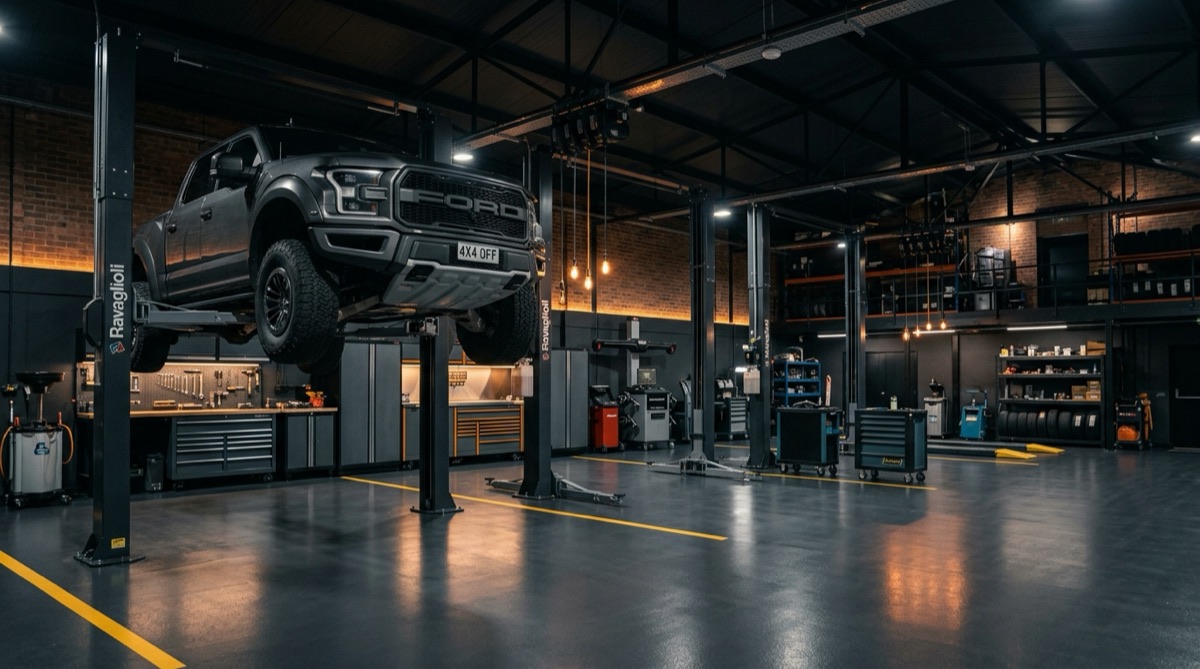 Automotive shop with new two-post vehicle lifts, truck raised on lift