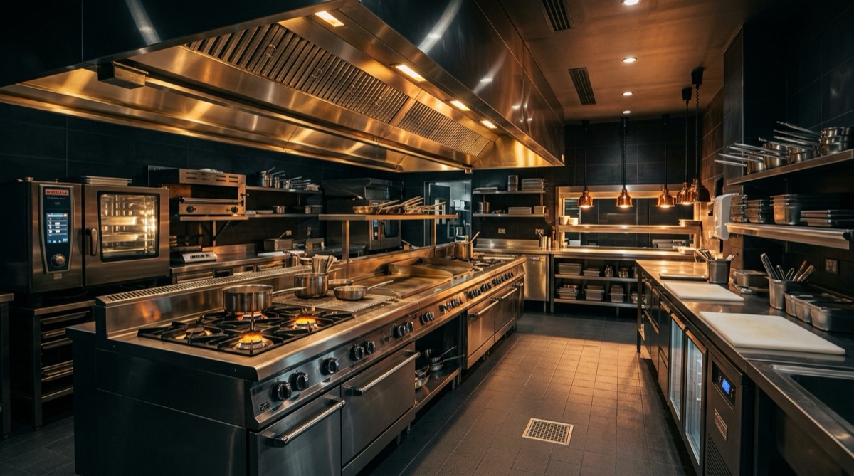 Full commercial restaurant kitchen with stainless steel cooking line